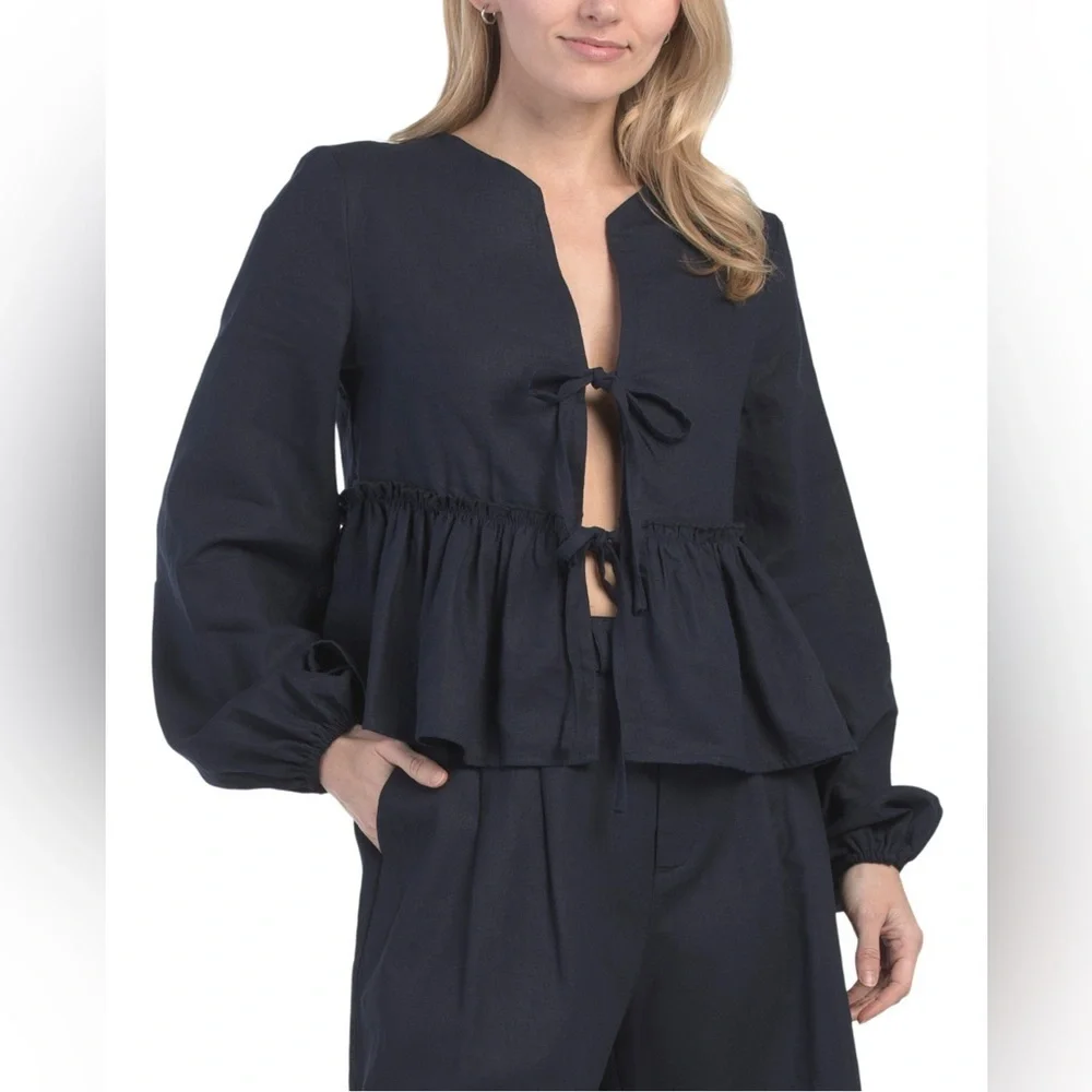 AVEC LES FILLES Linen Blend Front Tie Top